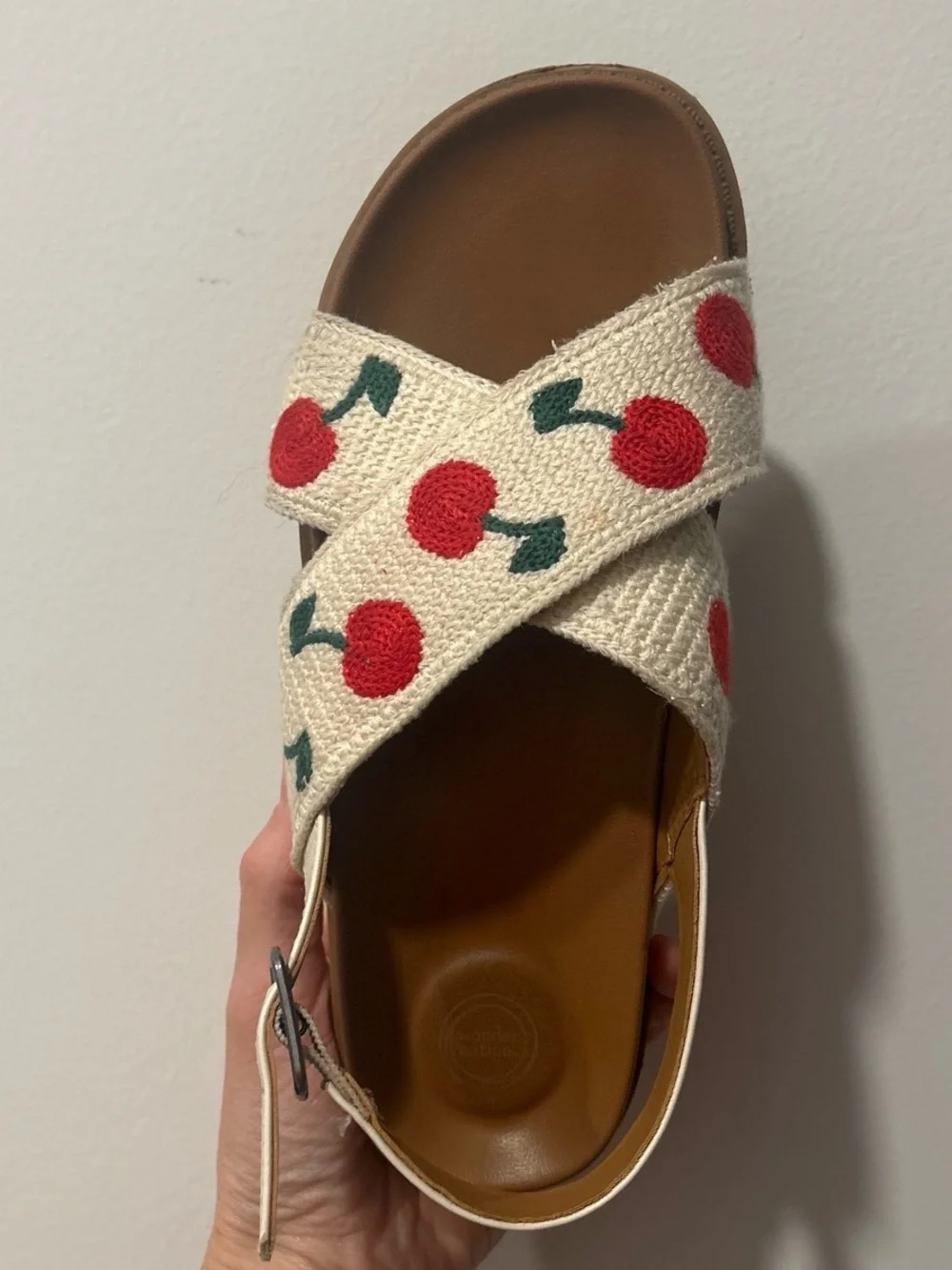 Cream Cherry Print Embroidered CrossStrap Sandals Y2K Cottagecore Girls Size 3 🍒
